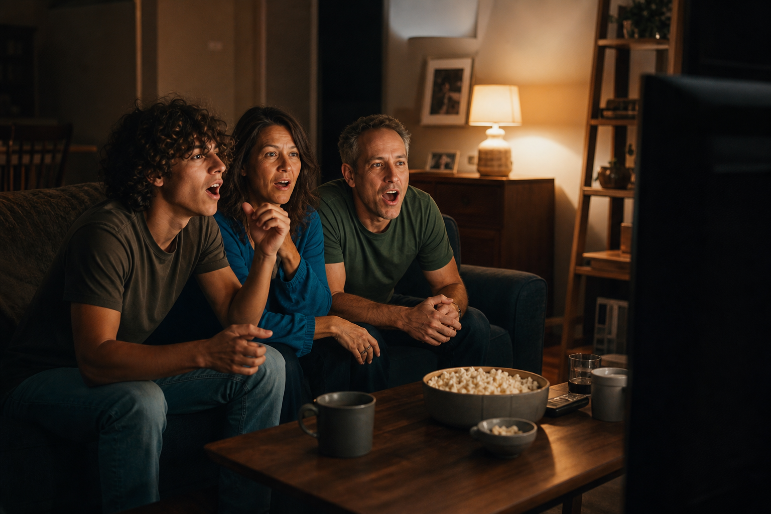 Familie sitzt begeistert auf dem Sofa und schaut gemeinsam Serien auf dem Fernseher